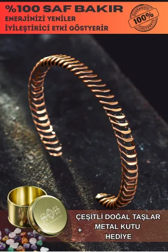 Saf Bakır Bileklik Burgu Örgü Sarım Model Metal Kutu Doğal Taşlar Kadın Erkek Bilezik
