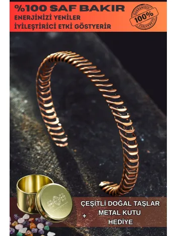 Saf Bakır Bileklik Burgu Örgü Sarım Model Metal Kutu Doğal Taşlar Kadın Erkek Bilezik
