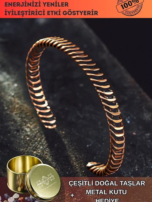 Saf Bakır Bileklik Burgu Örgü Sarım Model Metal Kutu Doğal Taşlar Kadın Erkek Bilezik