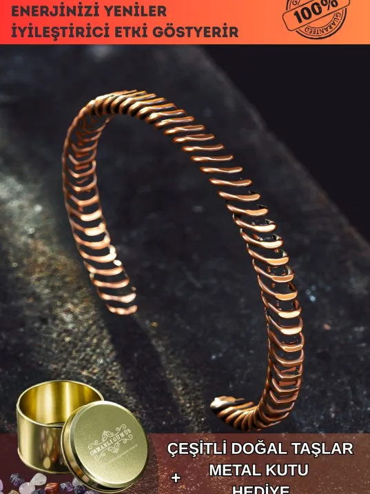Saf Bakır Bileklik Burgu Örgü Sarım Model Metal Kutu Doğal Taşlar Kadın Erkek Bilezik