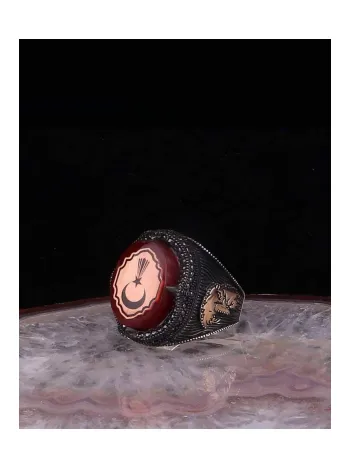 Erkek Gümüş Yüzük - Ay Yıldız Kehribar Taşlı 925 Ayar Gümüş Erkek Yüzük