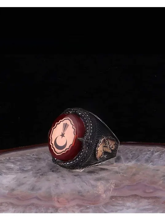 Erkek Gümüş Yüzük - Ay Yıldız Kehribar Taşlı 925 Ayar Gümüş Erkek Yüzük