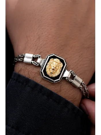 Erkek Gümüş Bileklik - Çift Kral Model Aslan Motifli Gümüş Bileklik