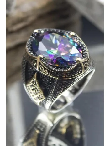 Mistik Topaz Taşlı Yanı Markazit Süslemeli Erkek 925  Ayar Gümüş Yüzük