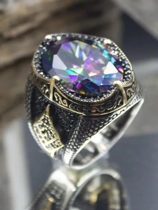 Mistik Topaz Taşlı Yanı Markazit Süslemeli Erkek 925  Ayar Gümüş Yüzük