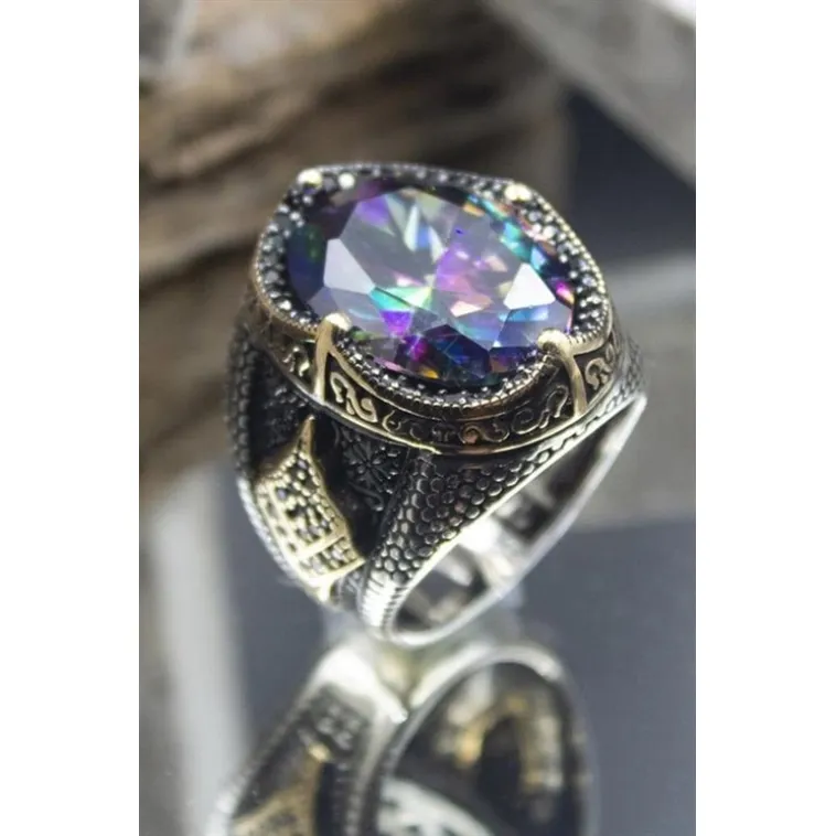 Mistik Topaz Taşlı Yanı Markazit Süslemeli Erkek 925 Ayar Gümüş Yüzük Mistik Topaz Taşlı Yanı Markazit Süslemeli Erkek 925 Ayar Gümüş Yüzük