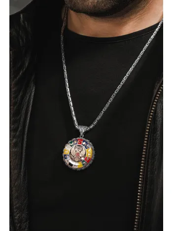 Erkek Gümüş Kolye - 16 Türk Devleti Bayrakları İşlemeli  Selçuklu Kartalı Kral Zincirli Erkek Kolye