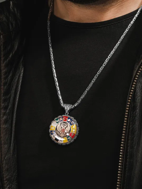 Erkek Gümüş Kolye - 16 Türk Devleti Bayrakları İşlemeli  Selçuklu Kartalı Kral Zincirli Erkek Kolye