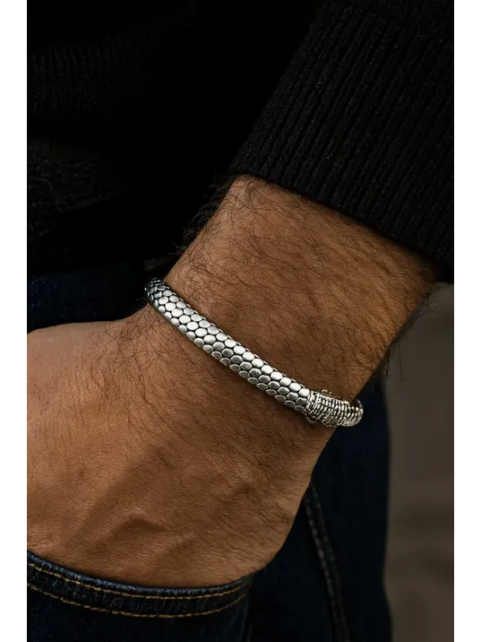 Erkek Gümüş Bileklik - Mezopotamya Oksitli Zirkon Taş Detaylı 925 Ayar Erkek Gümüş Bilezik