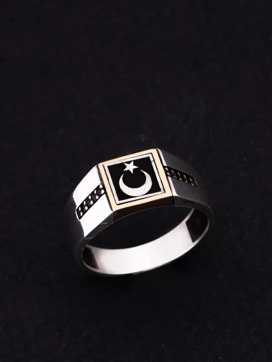 Erkek Gümüş Yüzük - Ay Yıldız Türk Bayrağı Siyah Zirkon Taşlı Erkek Yüzüğü