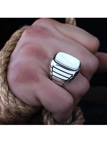 Beyaz Sedef Taşlı Özel Seri Erkek Gümüş Yüzük