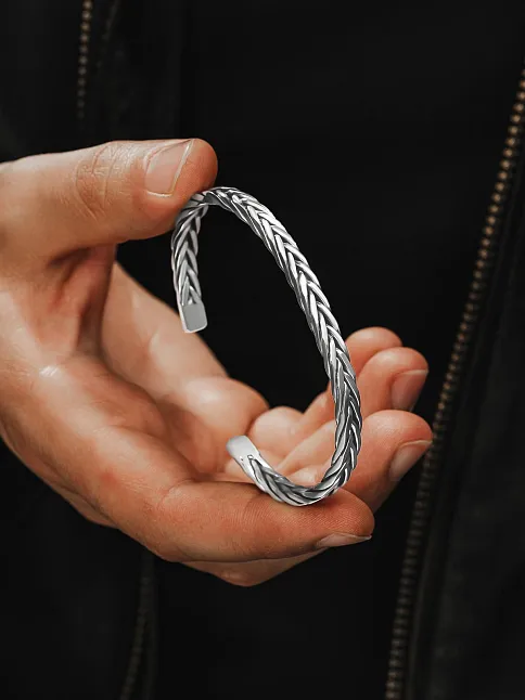 Erkek Gümüş Bileklik - El Yapımı Finn Model Erkek Bileklik Kelepçe Her Bileğe Uyar