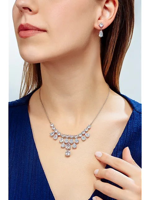 Kadın Bijuteri Kolye Küpe Set - Alegra Model Zirkon Taşlı Damla Motifli Zarif Su Yolu Set
