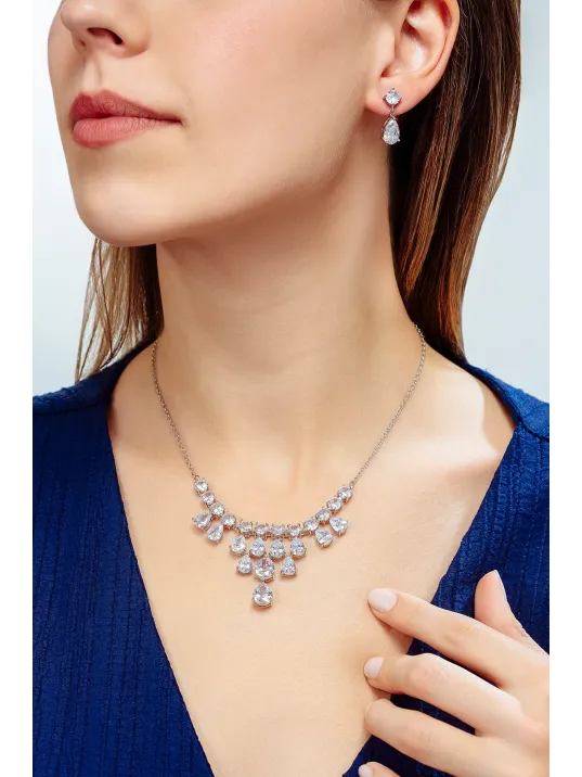 Kadın Bijuteri Kolye Küpe Set - Alegra Model Zirkon Taşlı Damla Motifli Zarif Su Yolu Set