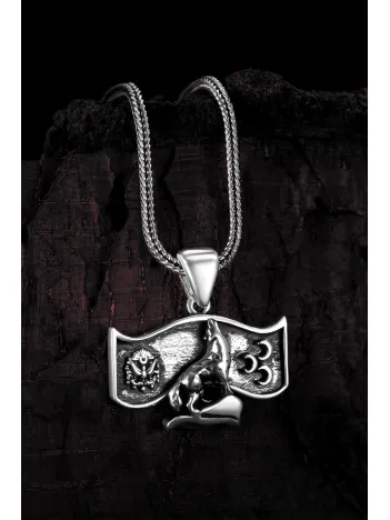 Erkek Gümüş Kolye - Osmanlı Devleti Arması Üç Hilal Bozkurt İşlemeli Tilki Kuyruğu Zincir Erkek Gümüş Kolye