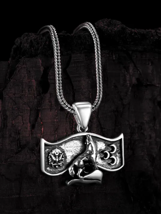 Erkek Gümüş Kolye - Osmanlı Devleti Arması Üç Hilal Bozkurt İşlemeli Tilki Kuyruğu Zincir Erkek Gümüş Kolye