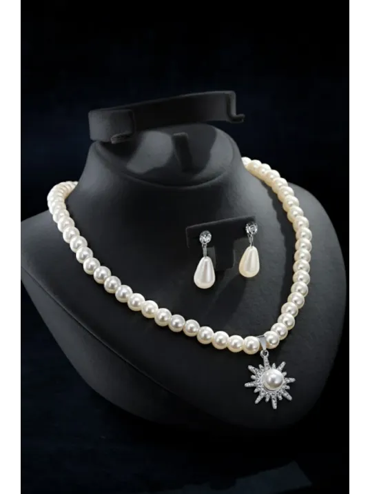 Kadın İnci Kolye Küpe Set - Solara Model Çiçek Motifli Kadın İnci Set Kadın İnci Kolye Küpe Set - Solara Model Çiçek Motifli Kadın İnci Set