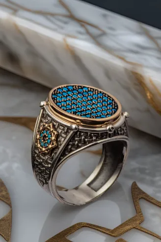 Erkek Turkuaz Zirkon Taşlı Oval Model 925 Ayar Gümüş Yüzük