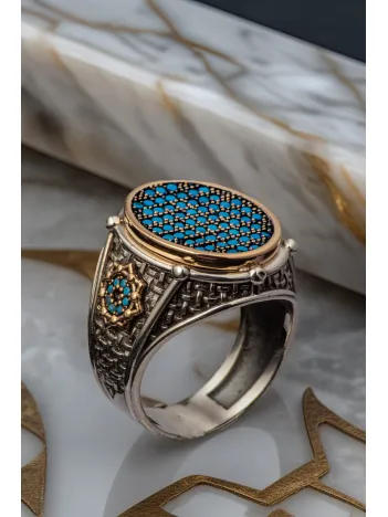 Erkek Turkuaz Zirkon Taşlı Oval Model 925 Ayar Gümüş Yüzük