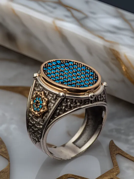 Erkek Turkuaz Zirkon Taşlı Oval Model 925 Ayar Gümüş Yüzük