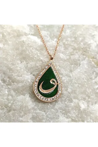 Zirkon Taşlı Damla Model Rose Renk Vav Harfi Gümüş Kolye