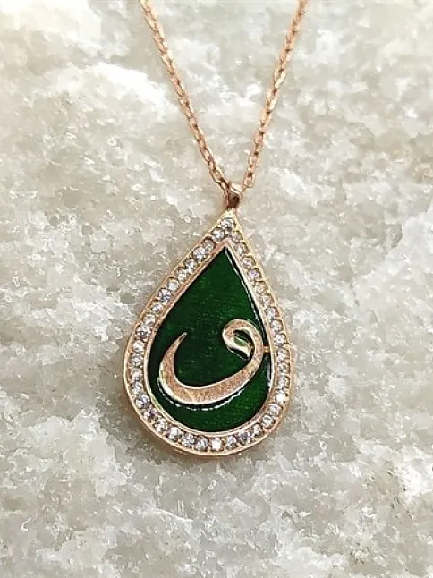 Zirkon Taşlı Damla Model Rose Renk Vav Harfi Gümüş Kolye