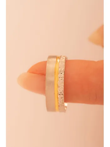 Erkek Gümüş Yüzük - 925 Ayar Sarı Ve Beyaz Model Gümüş Alyans Yüzük