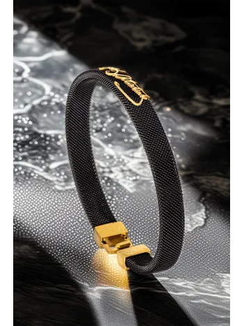 Erkek Çelik Bileklik - Altın Kaplama Mustafa Kemal Atatürk İmzası Yazılı Siyah Hasır Model Bileklik