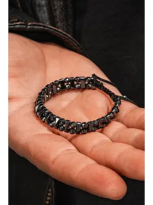 Erkek Kadın Doğal Taş Bileklik - Siyah Hematit Doğal Taşlı Makrome Yuvarlak Model Unisex Bileklik
