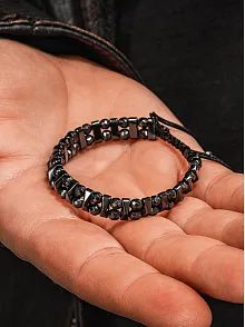 Erkek Kadın Doğal Taş Bileklik - Siyah Hematit Doğal Taşlı Makrome Yuvarlak Model Unisex Bileklik