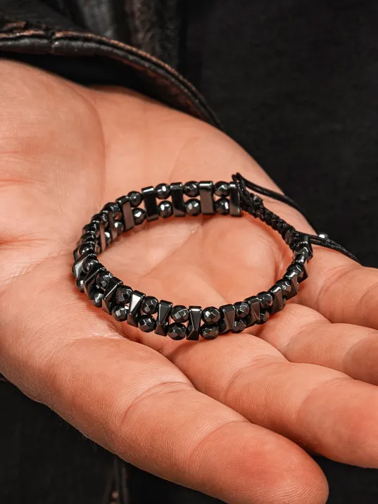 Erkek Kadın Doğal Taş Bileklik - Siyah Hematit Doğal Taşlı Makrome Yuvarlak Model Unisex Bileklik