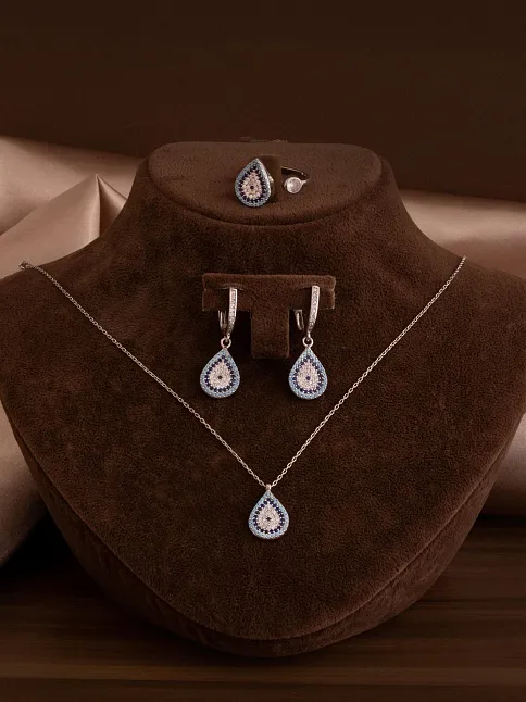 Kadın Gümüş Set - Damla Model Nazar Boncuğu Motifli Kadın Set