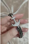Faset Siyah Akik Doğaltaş Ve Beyaz Zirkon Çapalı Deri Bileklik