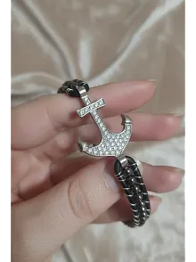 Faset Siyah Akik Doğaltaş Ve Beyaz Zirkon Çapalı Deri Bileklik