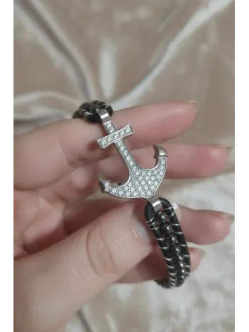 Faset Siyah Akik Doğaltaş Ve Beyaz Zirkon Çapalı Deri Bileklik