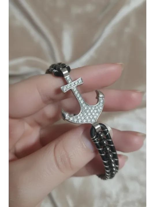 Faset Siyah Akik Doğaltaş Ve Beyaz Zirkon Çapalı Deri Bileklik