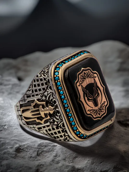 Erkek Kurt İşlemeli Yanı Hançer Turkuaz Zirkon Taşlı 925 Ayar Gümüş Yüzük
