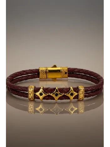 Erkek Bijuteri Bordo Grek Desenli Üçlü Ninja Yıldız Motifli Deri Bileklik