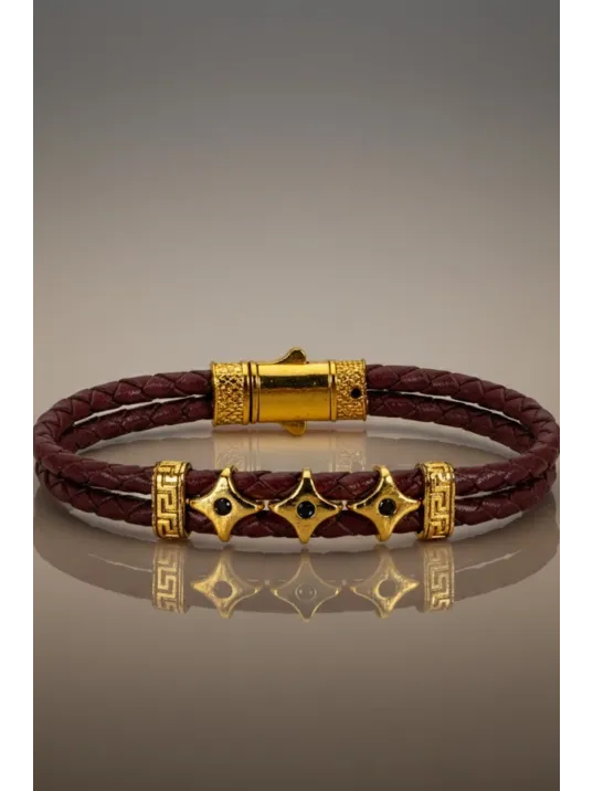 Erkek Bijuteri Bordo Grek Desenli Üçlü Ninja Yıldız Motifli Deri Bileklik
