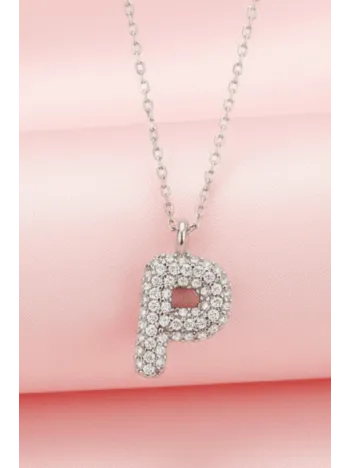 Kadın Gümüş Kolye - 925 Ayar Zirkon Taşlı Balon P Harfi Bayan Kolye