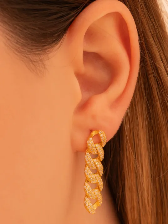 Kadın Gümüş Küpe - 22 Ayar Gerçek Altın Kaplama Taşlı Gurmet Model Gümüş Küpe