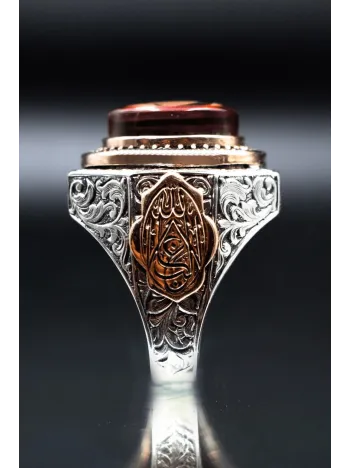 Kehribar Taşlı Ayyıldız Bayrak İşlemeli 925 Ayar Erkek Gümüş Yüzük