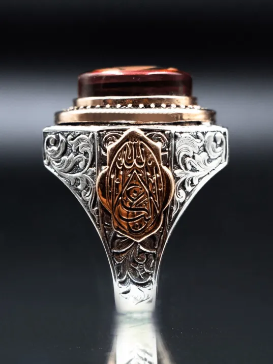 Kehribar Taşlı Ayyıldız Bayrak İşlemeli 925 Ayar Erkek Gümüş Yüzük