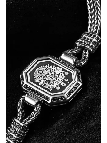 Erkek Gümüş Bileklik -Osmanlı Arması İşlemeli Tilkikuyruğu Zincirli 925 Ayar Erkek Bileklik