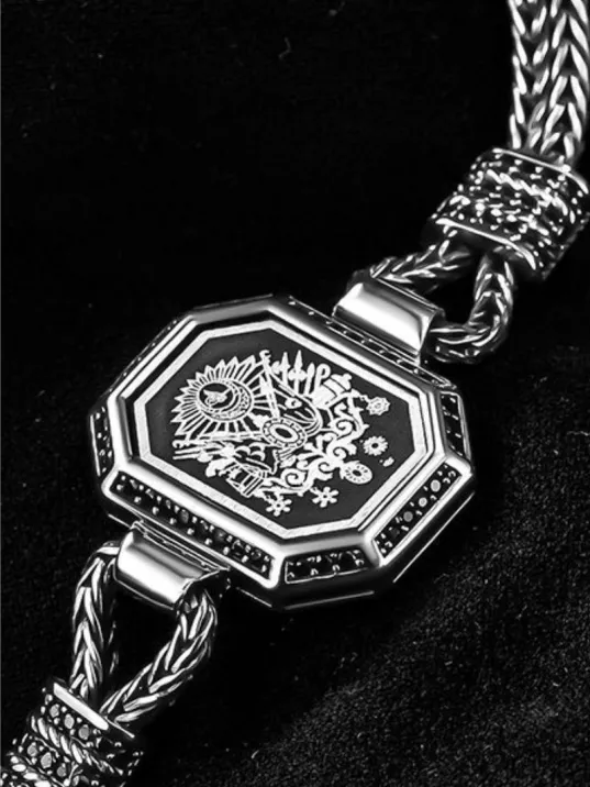 Erkek Gümüş Bileklik -Osmanlı Arması İşlemeli Tilkikuyruğu Zincirli 925 Ayar Erkek Bileklik