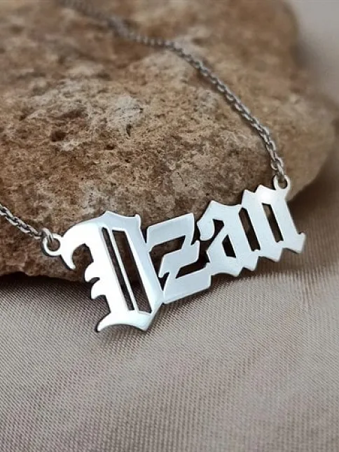 Kişiye Özel Gotik İsim Yazılan Gümüş Renk Erkek Gümüş Kolye Zincir GKLGMSKISIM