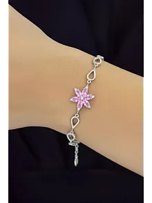 Kadın Gümüş Bileklik - Pembe Doğal Safir Taşlı Nergis Model Damla Motifli Gümüş Bileklik