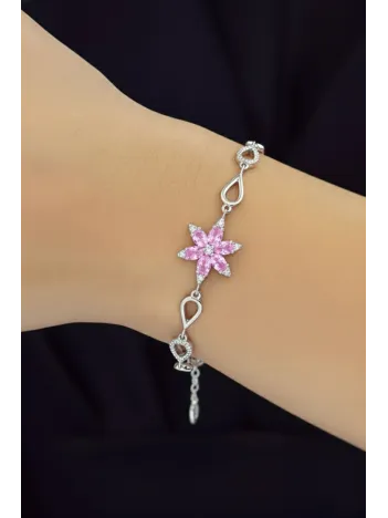 Kadın Gümüş Bileklik - Pembe Doğal Safir Taşlı Nergis Model Damla Motifli Gümüş Bileklik