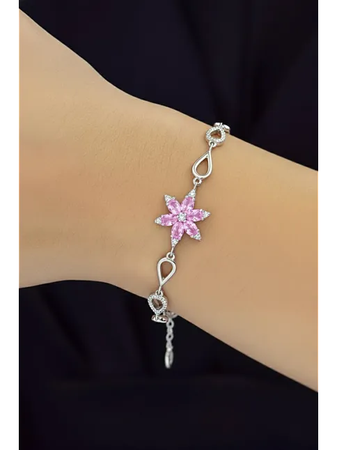 Kadın Gümüş Bileklik - Pembe Doğal Safir Taşlı Nergis Model Damla Motifli Gümüş Bileklik Kadın Gümüş Bileklik - Pembe Doğal Safir Taşlı Nergis Model Damla Motifli Gümüş Bileklik