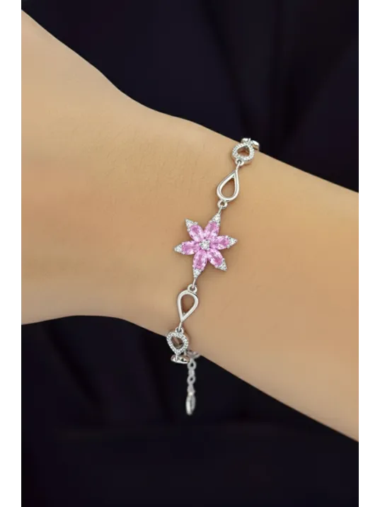 Kadın Gümüş Bileklik - Pembe Doğal Safir Taşlı Nergis Model Damla Motifli Gümüş Bileklik